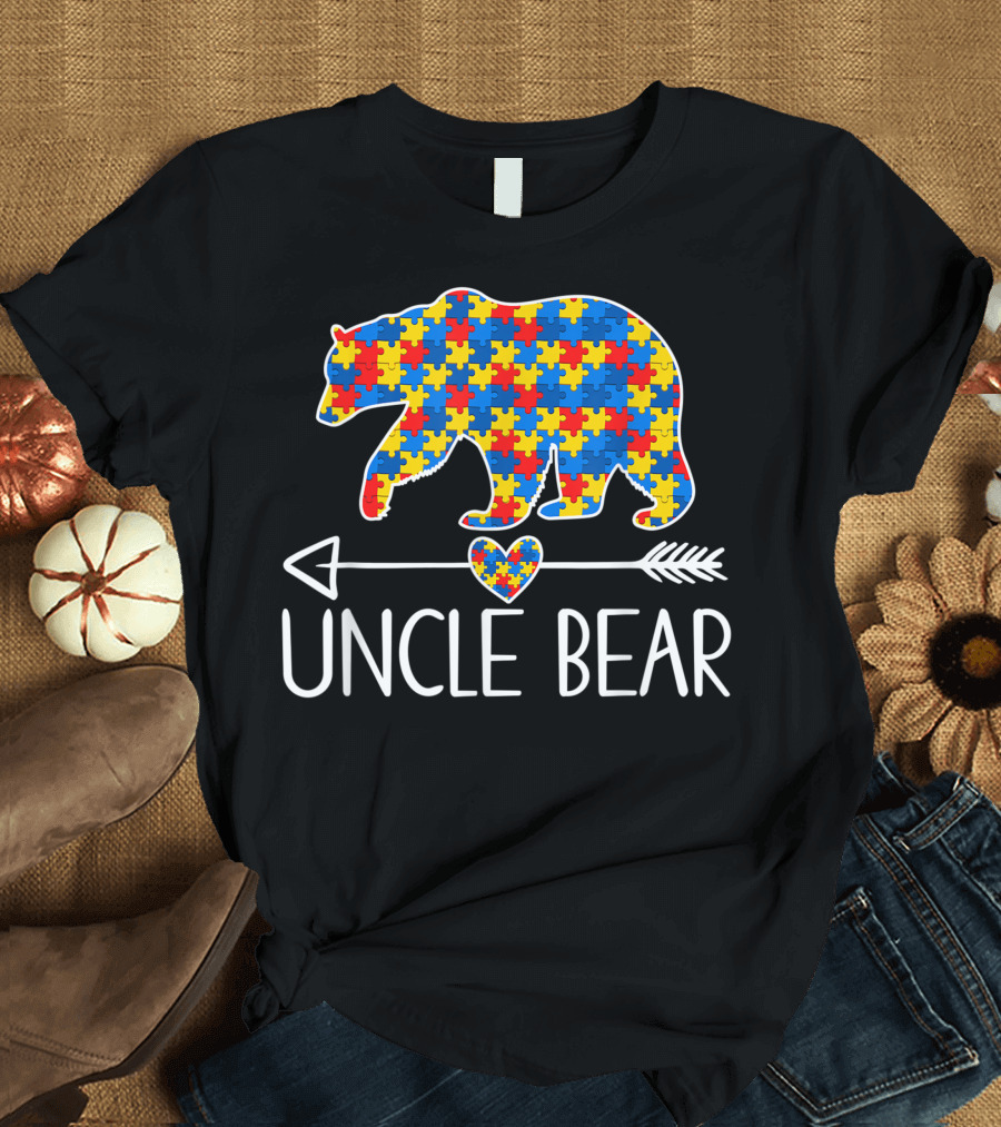 Uncle Bear Puzzle Piece Heart Arrow Autism Awareness T-Shirt