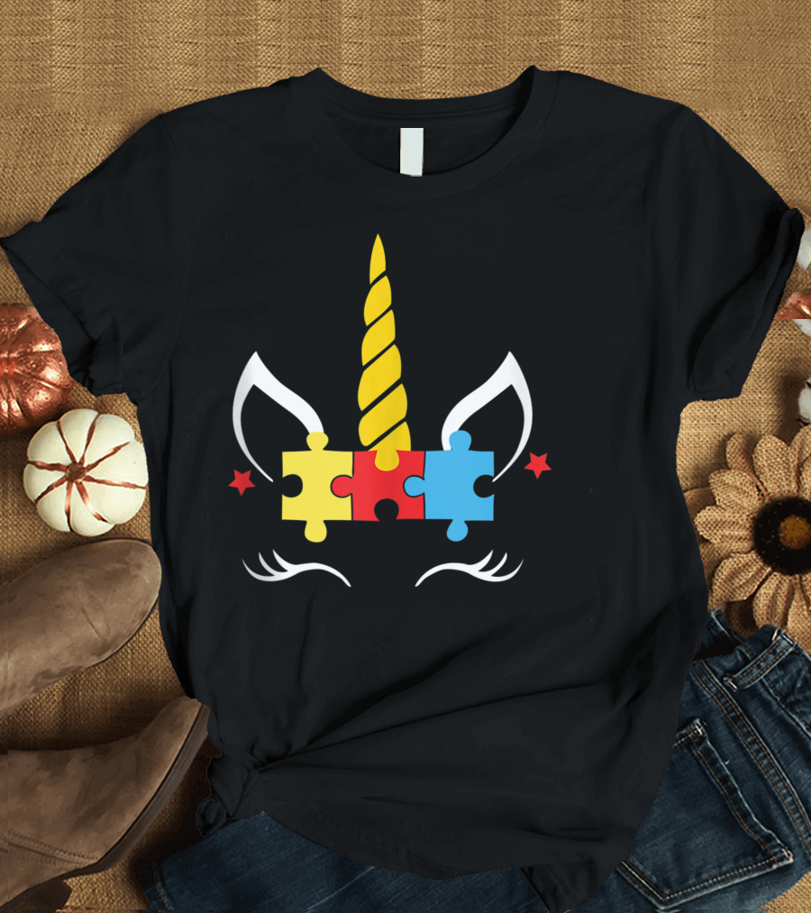 Unicorn Autism Awareness Puzzle Ribbon Cute Girl Mom 4J Rainbow Puzzle Horn Ears Stars T-Shirt