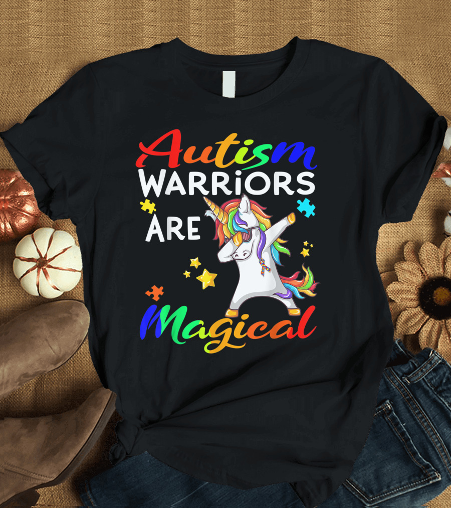Autism Warriors Are Magical Unicorn with Puzzle Pieces and Dabbing Pose T-Shirt