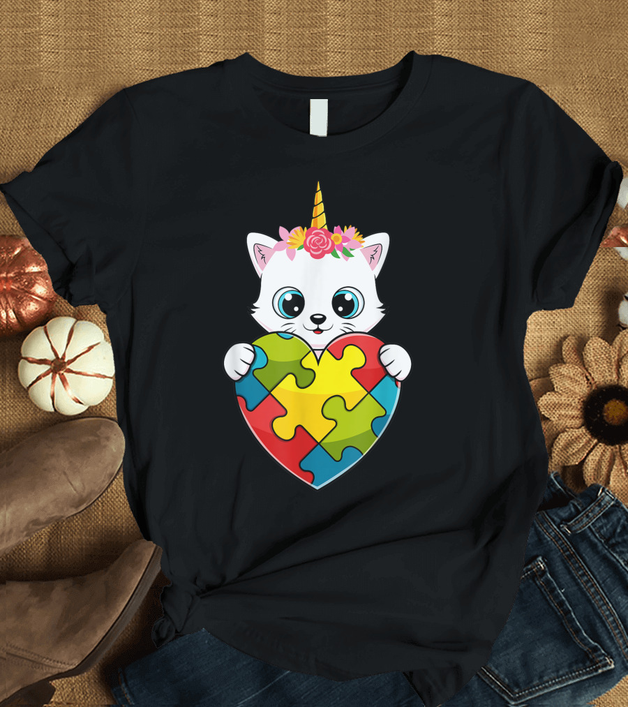 Unicorn Cat Holding Puzzle Heart Autism Awareness Girls T-Shirt