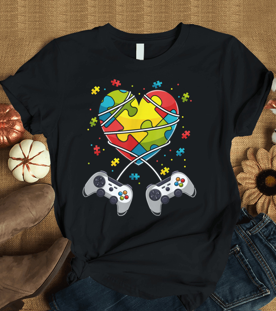 Video Game Puzzle Piece Heart Autism Awareness Gamer T-Shirt