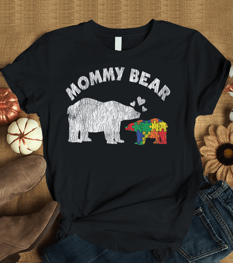 Mommy Bear Autistic Kids Puzzle Heart Autism Awareness T-Shirt