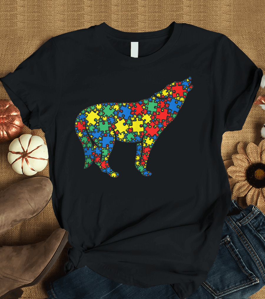 Wolf Autism Awareness Puzzle Pattern Men Kids T-Shirt