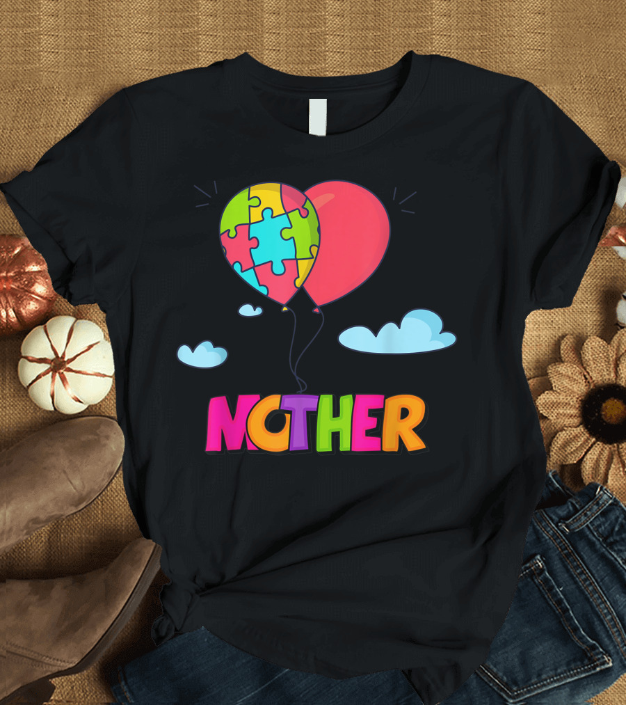Autism Awareness Mother Heart Puzzle Balloon Clouds T-Shirt
