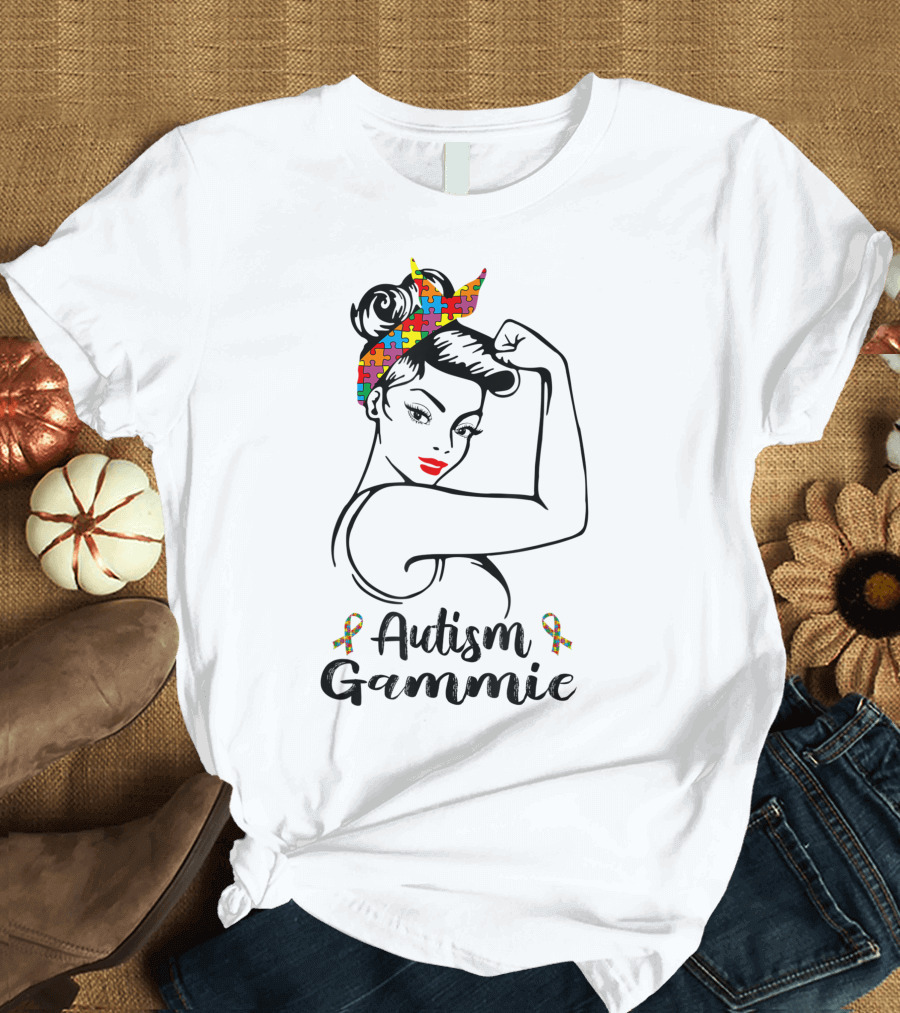 Autism Gammie Outfit Autistic Awareness Puzzle Ribbon Rosie the Riveter T-Shirt
