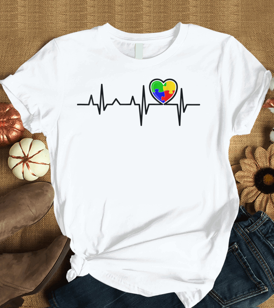 Puzzle Heart Autism Awareness Heartbeat Autism Day T-Shirt