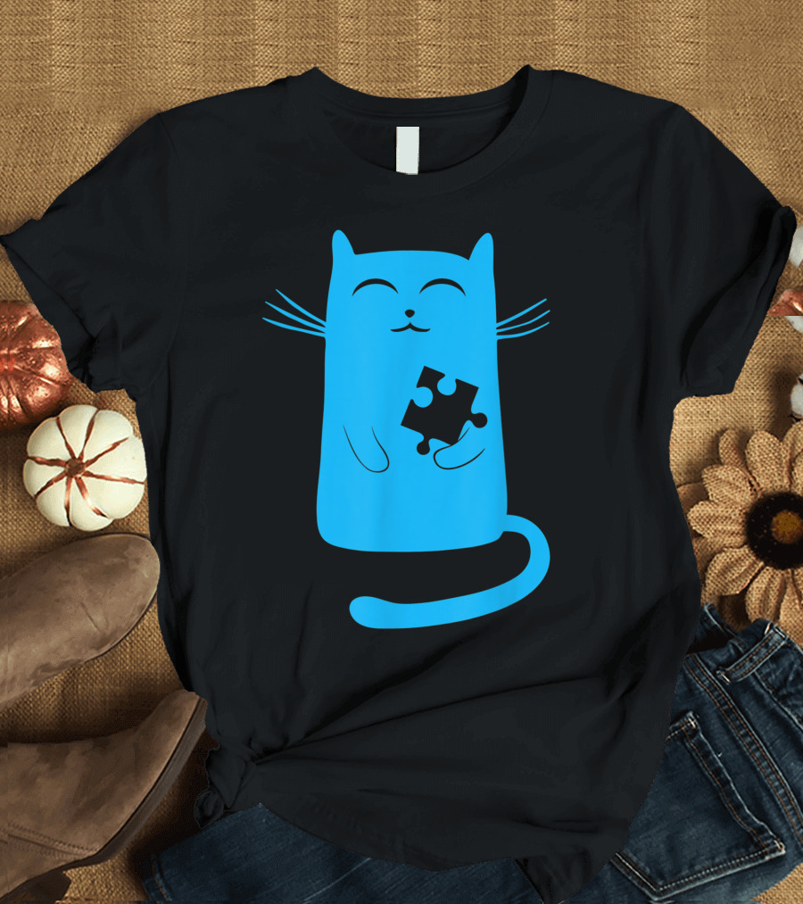 Autism Kitty Blue Cat Puzzle Piece Drawing T-Shirt
