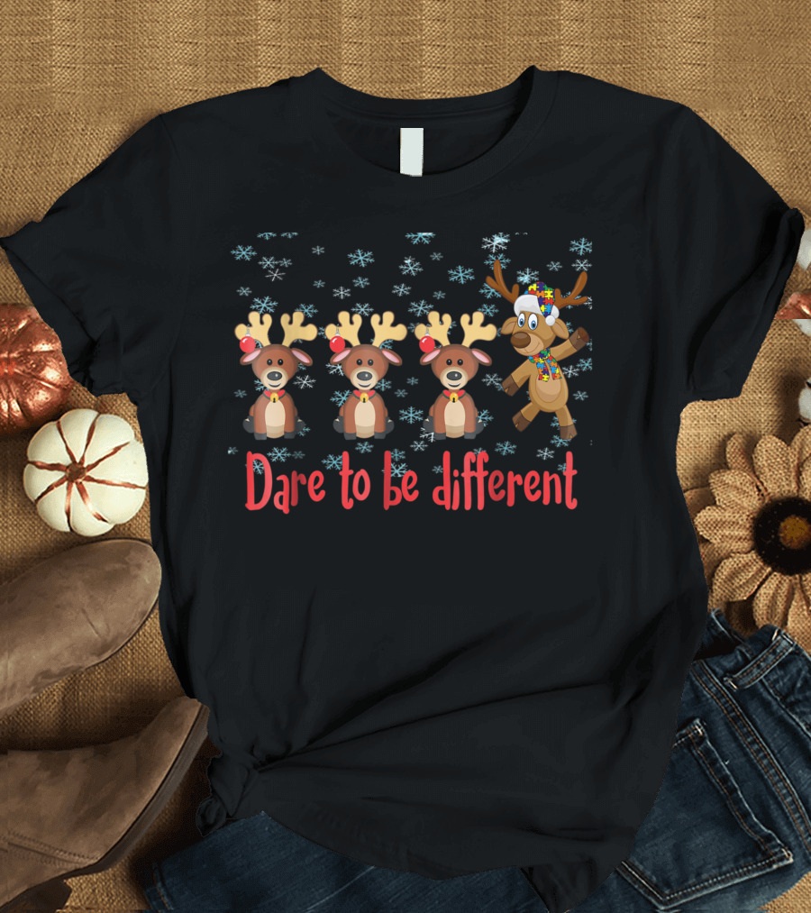 Autism Teacher Reindeer Dare To Be Different Snowflakes Fun T-Shirt