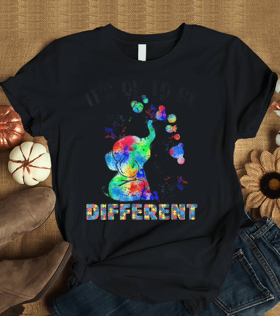 IT'S OK TO BE DIFFERENT Autism Awareness Day Elephant Multicolor Puzzle T-Shirt