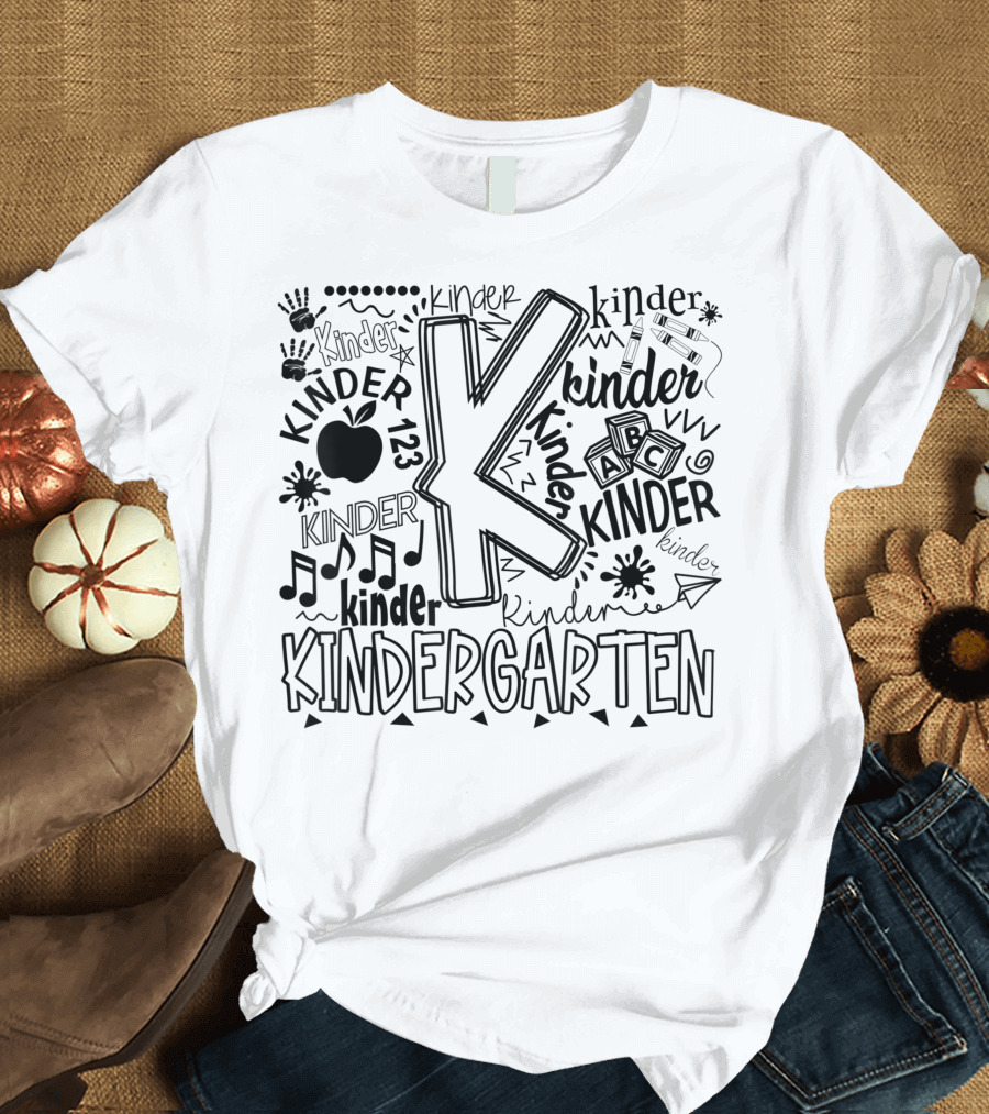 Kinder Apple ABC Blocks Music Notes Kinder123 Kindergarten Typography Back To School T-Shirt