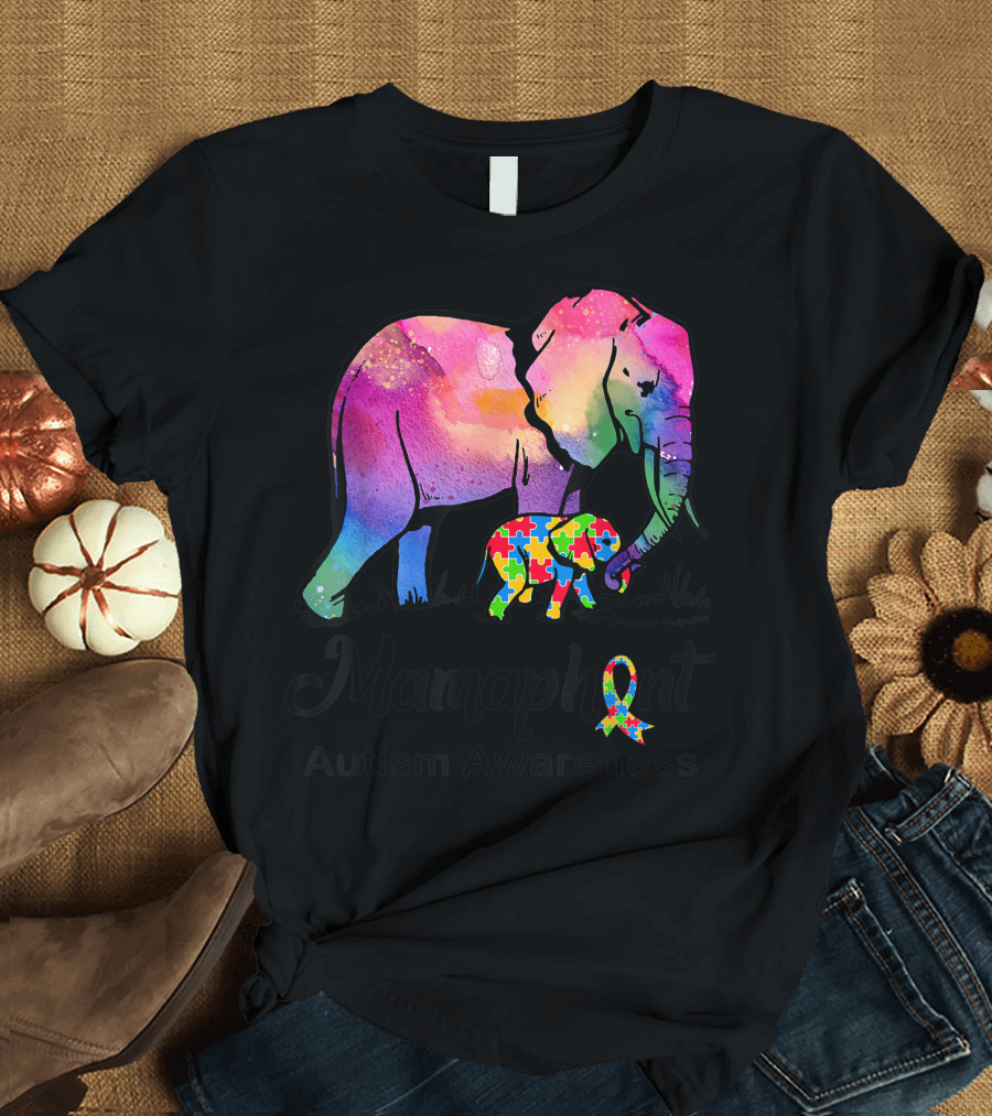 Mamaphant Autism Awareness Colorful Puzzle Elephant T-Shirt