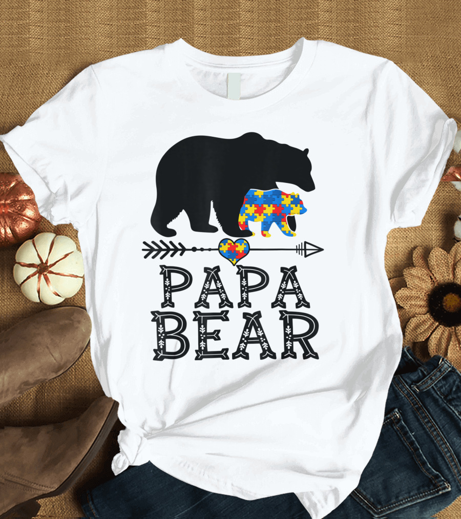 Papa Bear Puzzle Piece Heart Autism Awareness Dad T-Shirt