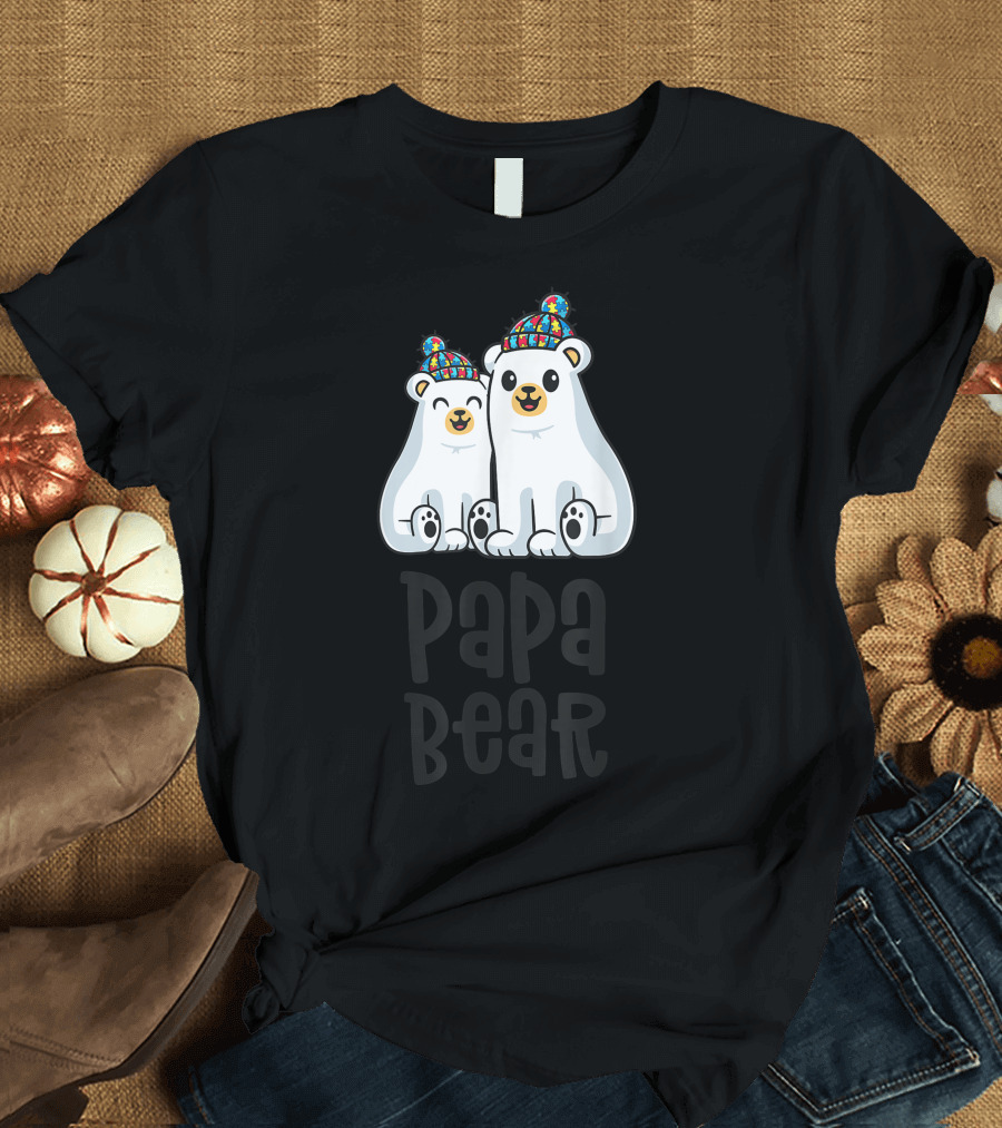 Papa Bear Matching Family Autism Awareness Dad Polar Bears with Puzzle Pattern Hats T-Shirt