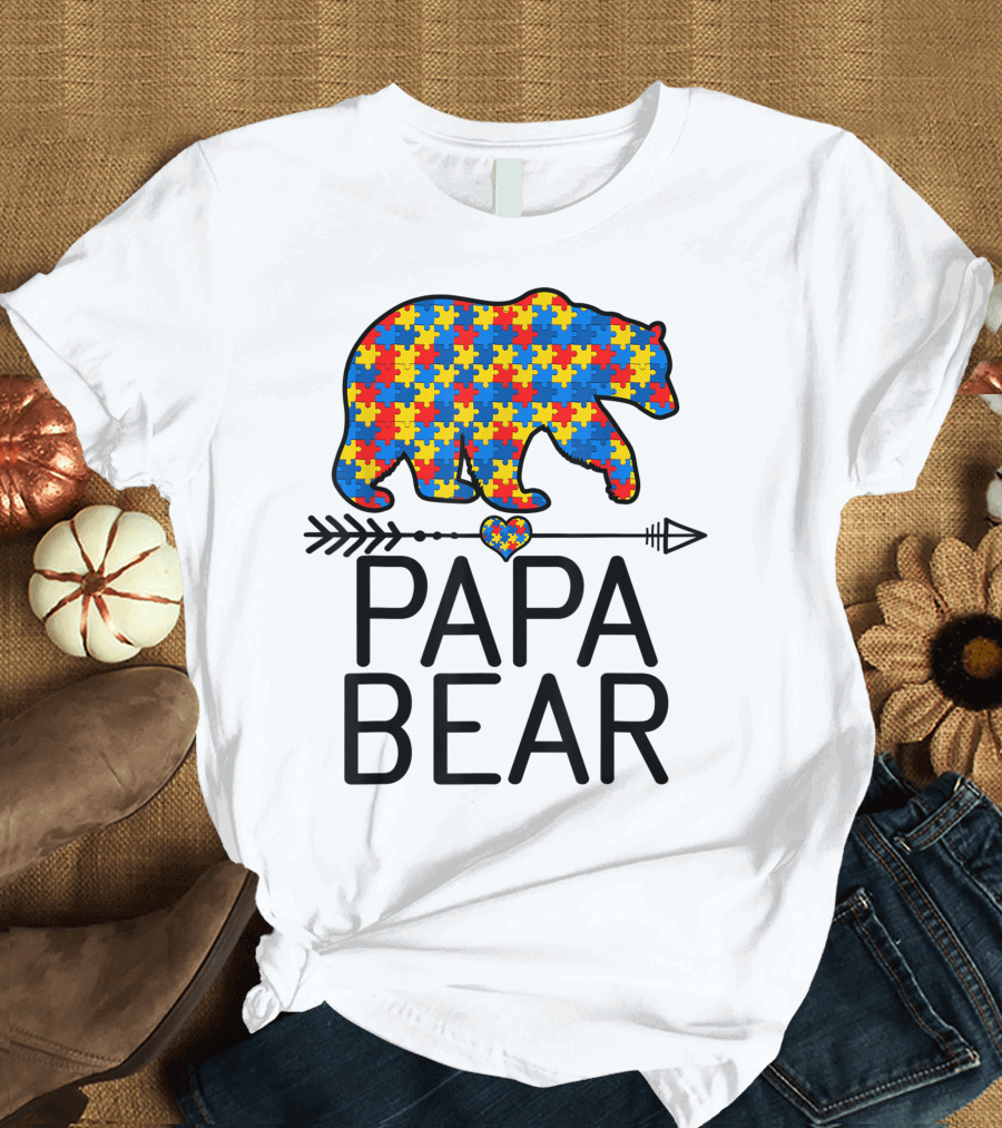 Papa Bear Puzzle Piece Heart Autism Awareness Support Autistic T-Shirt