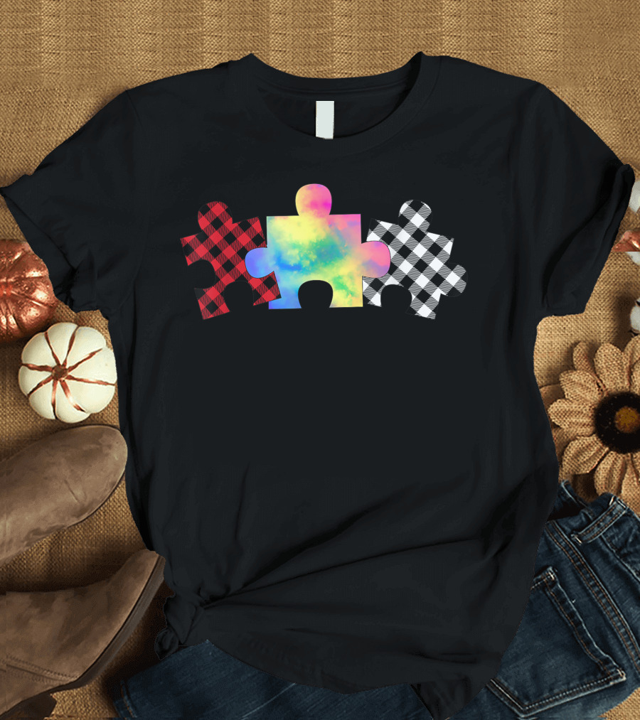 Tg Autism Awareness Day Tie Dye Plaid Puzzle Piece T-Shirt