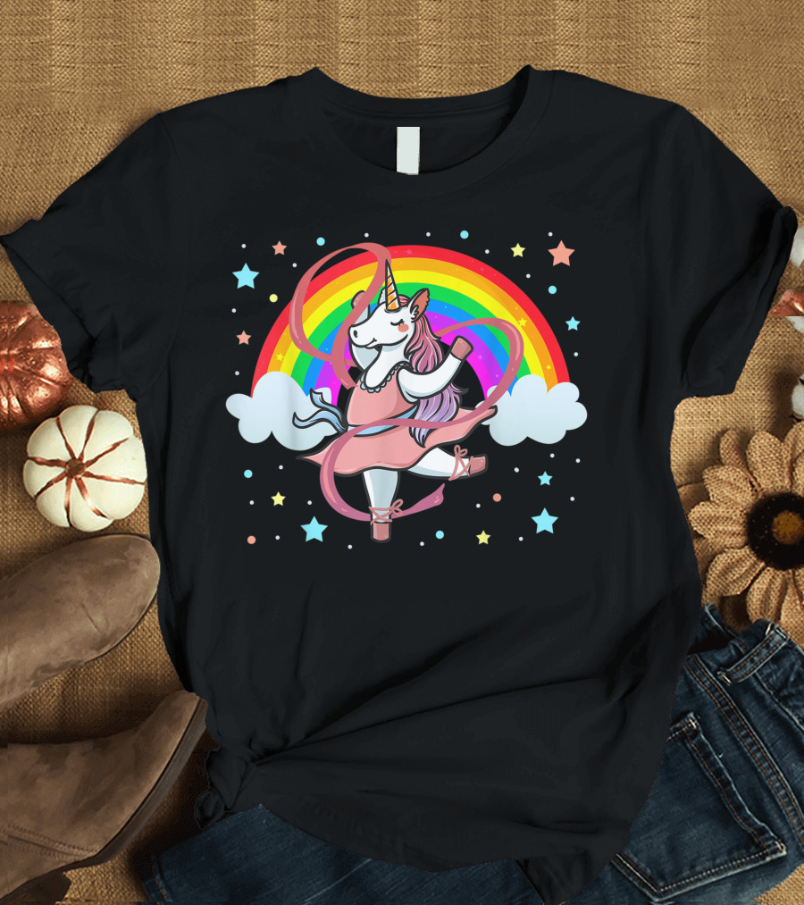 Ballerina Unicorn Dancing with Ribbon and Rainbow Ballet Love T-Shirt