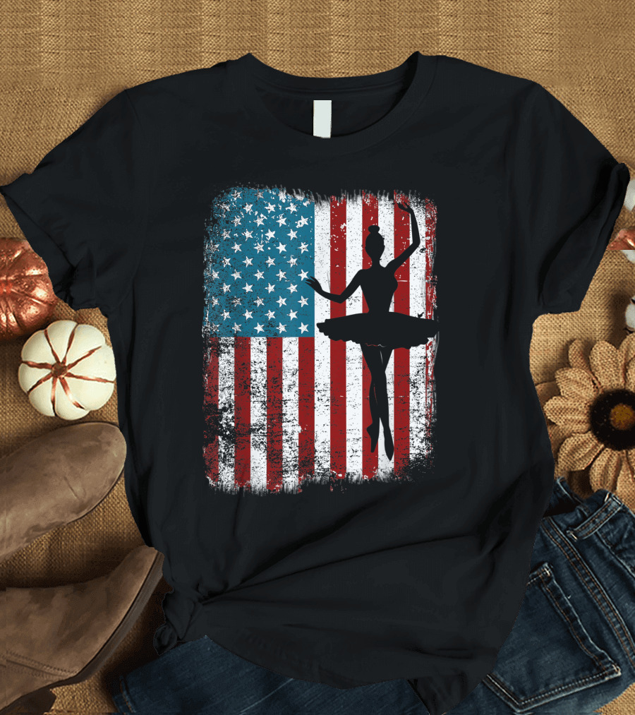 Ballet Dancer Silhouette Against American Flag for USA 4th of July T-Shirt