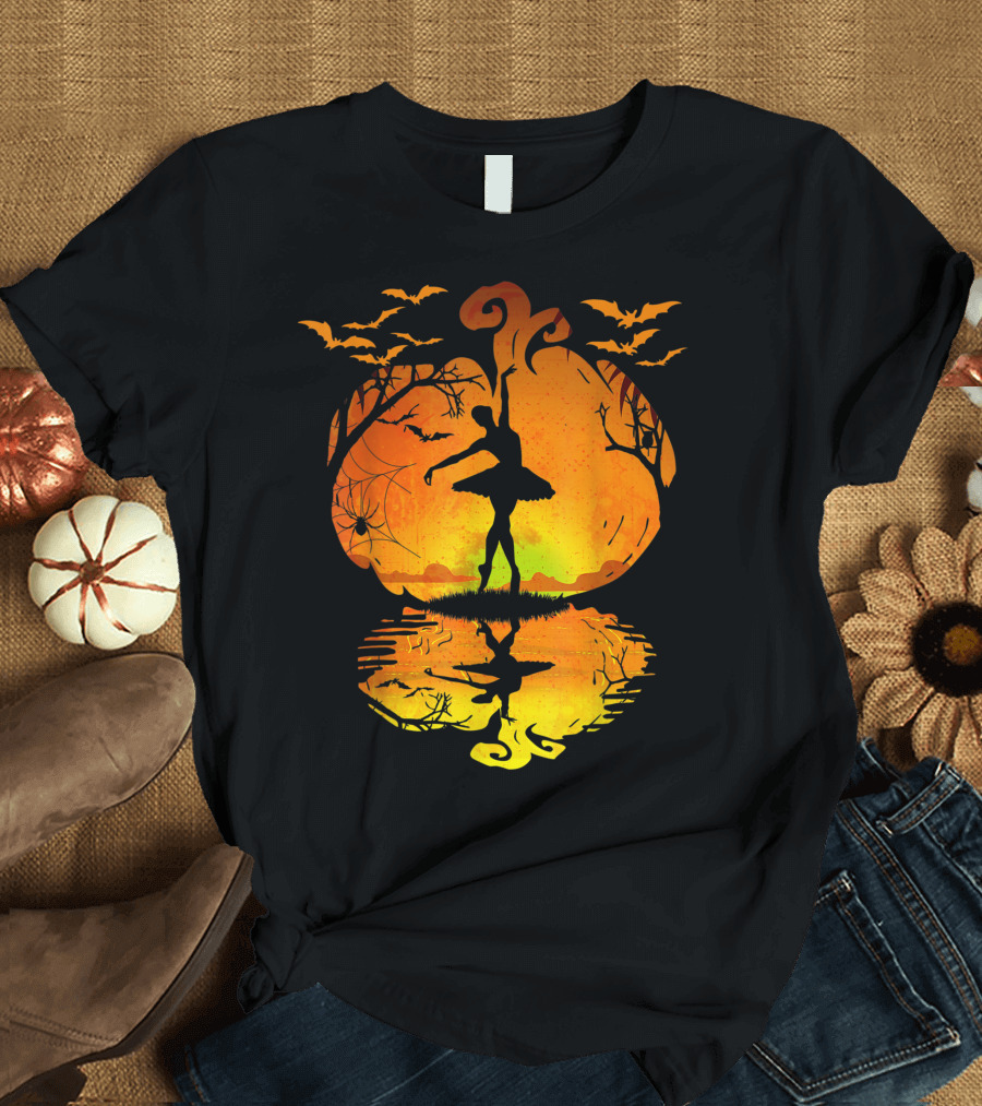 Ballet Dancer Silhouette Halloween Pumpkin Autumn Reflection T-Shirt