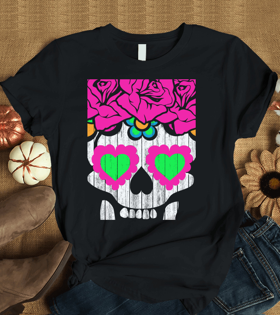 Ballet Folklorico Por Vida Sugar Skull Colorful Floral T-Shirt