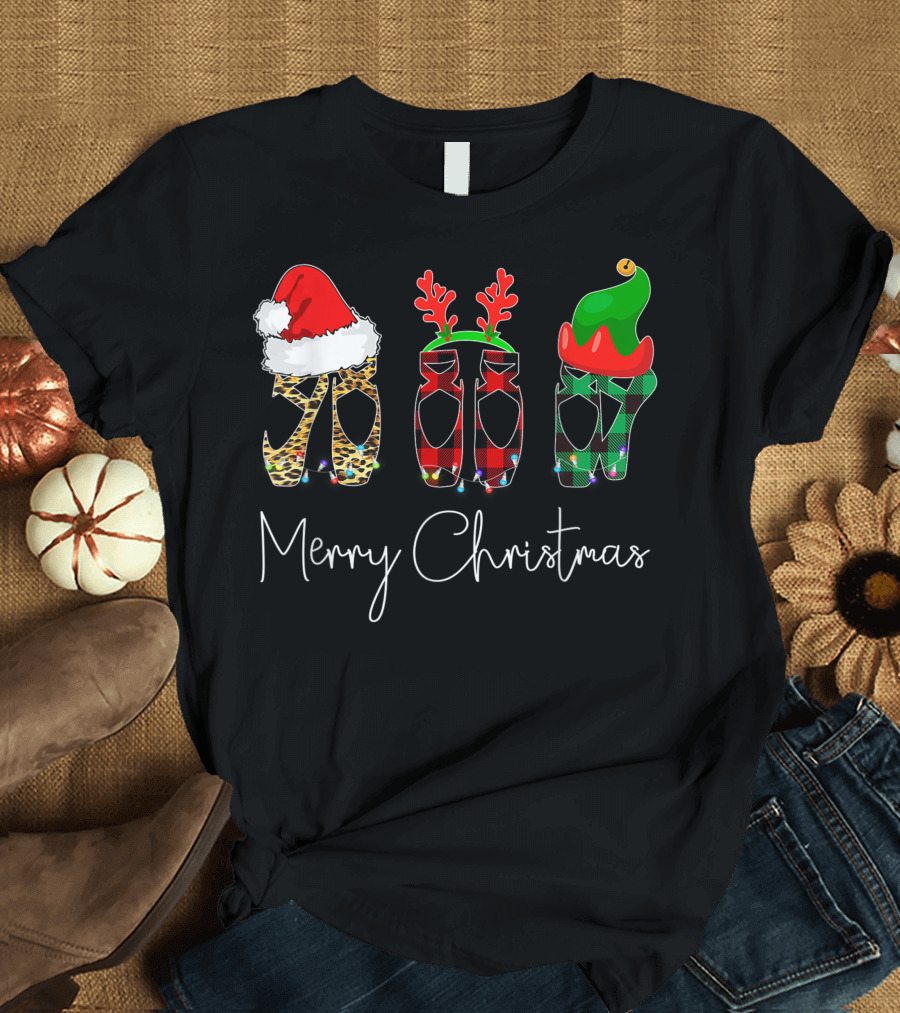 Merry Christmas Ballet Shoes Plaid Leopard Santa Hat Dancer T-Shirt