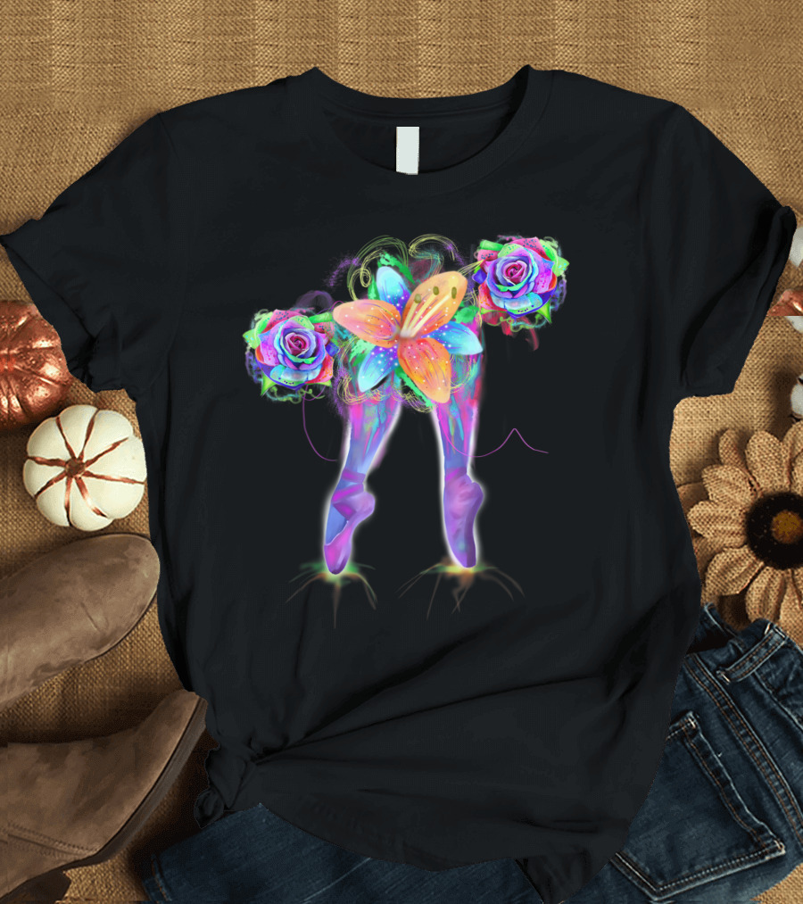 Cute Colorful Rainbow Ballet Shoes with Vibrant Floral Accents T-Shirt