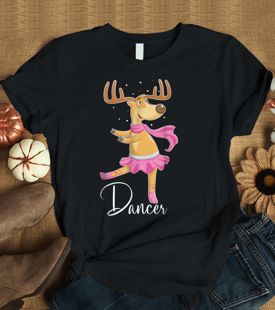 Cute Reindeer Ballet Dancer in Pink Tutu and Scarf Performing on Stage T-Shirt