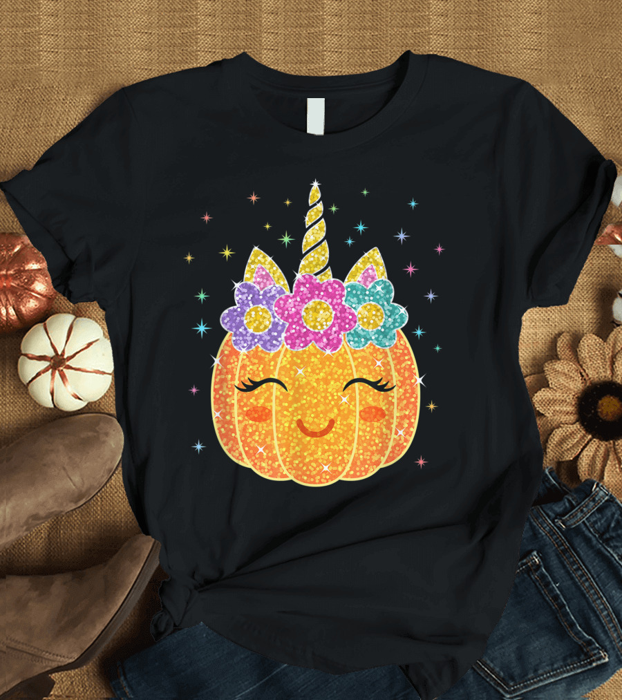 Glitter Sparkle Cute Unicorn Pumpkin with Flowers T-Shirt