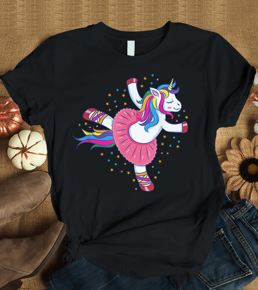 Dancing Ballerina Unicorn in Rainbow Tutu Surrounded by Stars T-Shirt