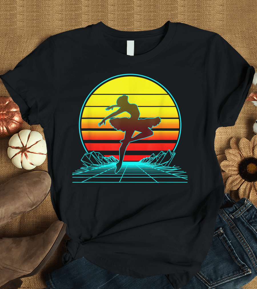 Retro Vintage Sunset Ballet Dancer Silhouette in Neon Synthwave Aesthetic T-Shirt