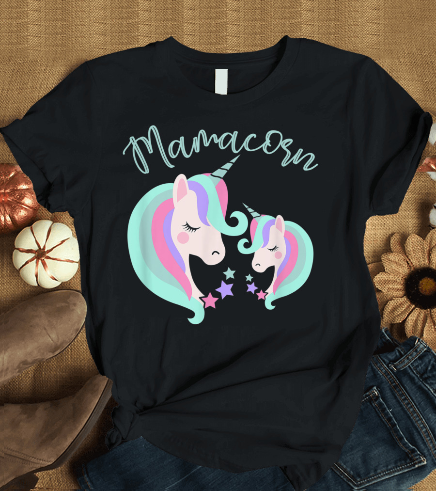 Mamacorn Unicorn Lover Mother Daughter Present with Colorful Unicorns and Stars T-Shirt