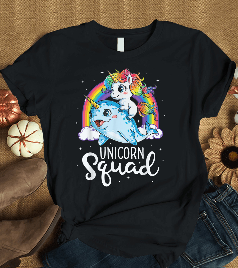 Unicorn Squad Rainbow Narwhal Kids Girls T-Shirt