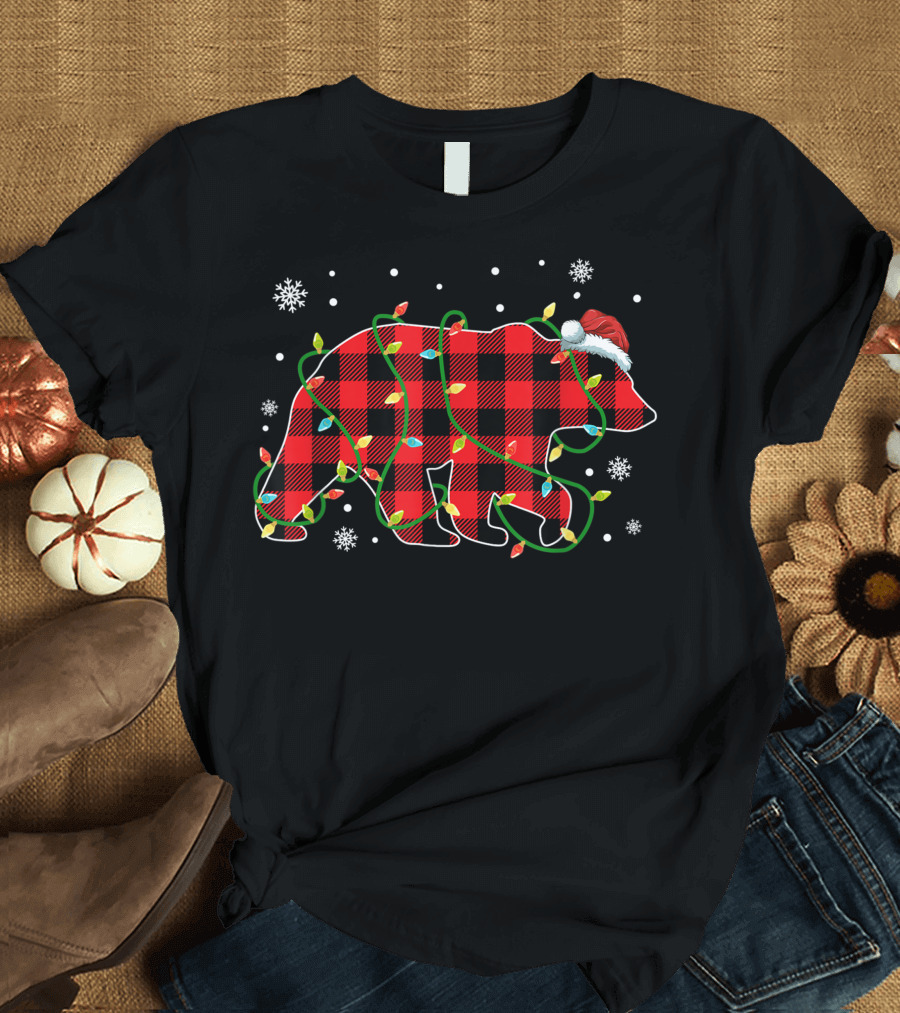 Bear Buffalo Plaid Christmas Tree Lights Santa Hat T-Shirt