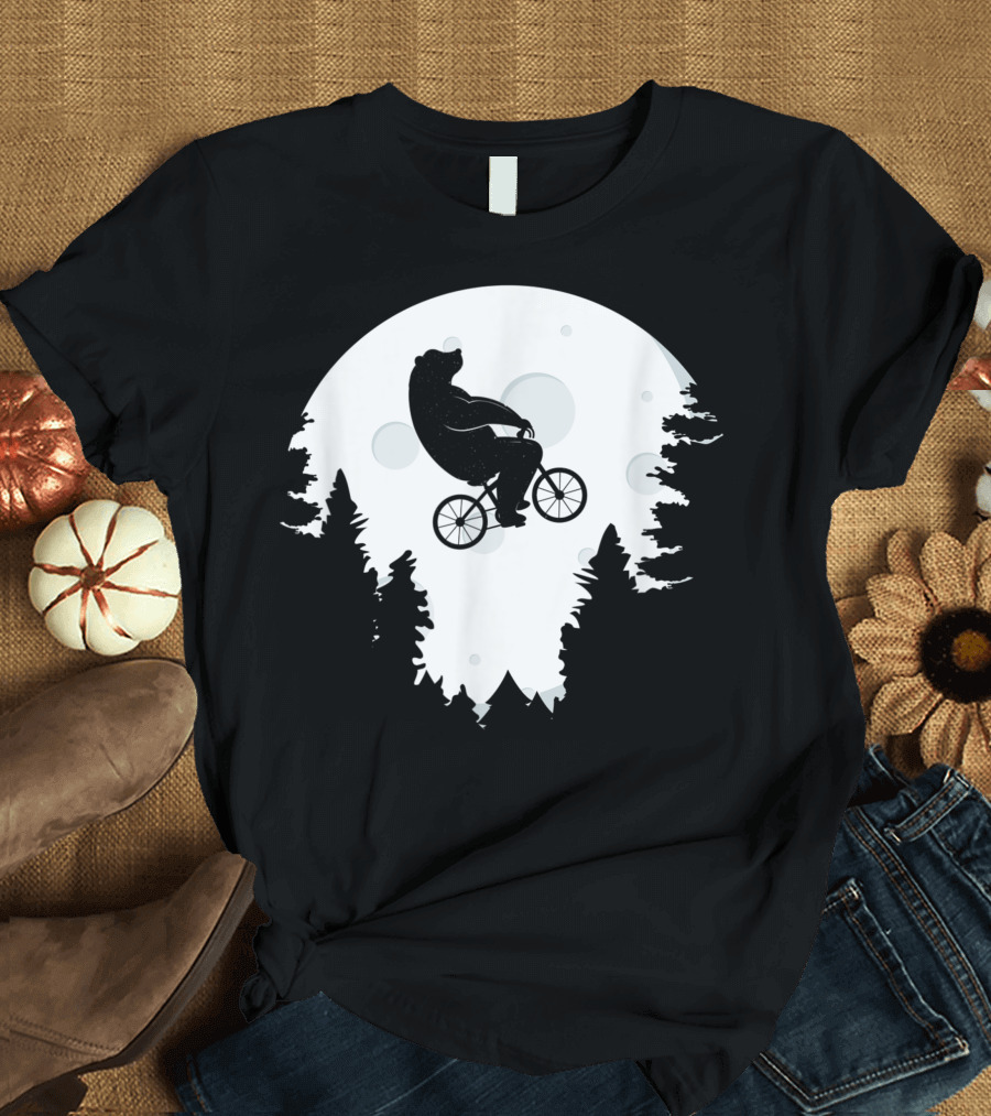 Bear Cycling Mountain Bike Over Moon Forest T-Shirt