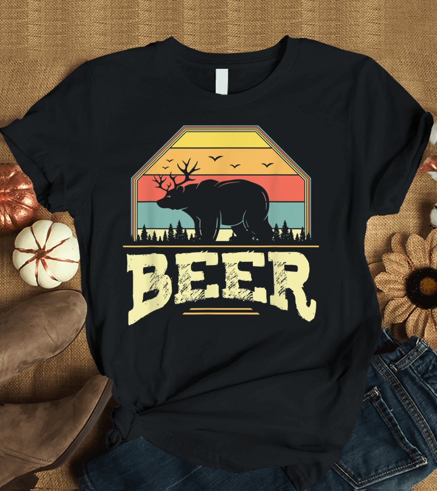Bear Deer Beer Vintage Sunset Forest T-Shirt