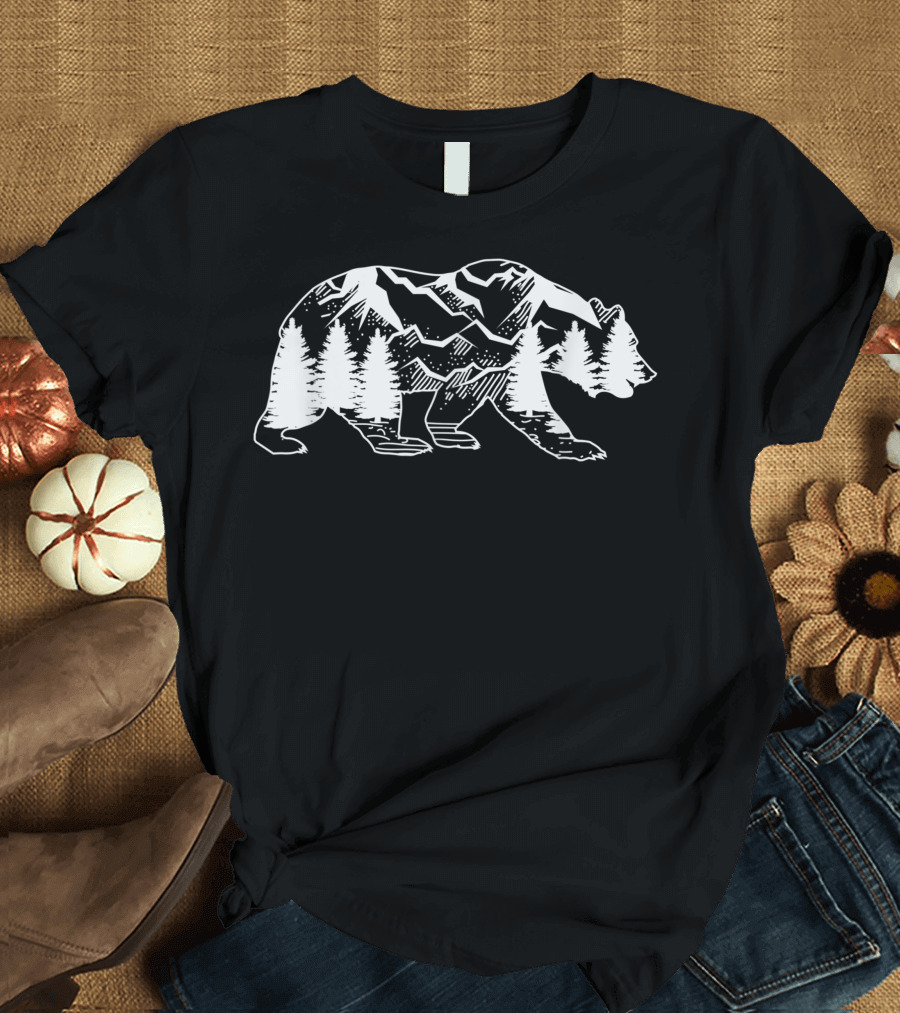 Bear Wildlife Mountain Scene with Trees Camping T-Shirt