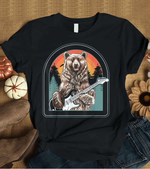 T-Shirt: Bear Playing Guitar with Vintage Forest Sunset Background T-Shirt Bear Playing Guitar with Vintage Forest Sunset Background T-Shirt