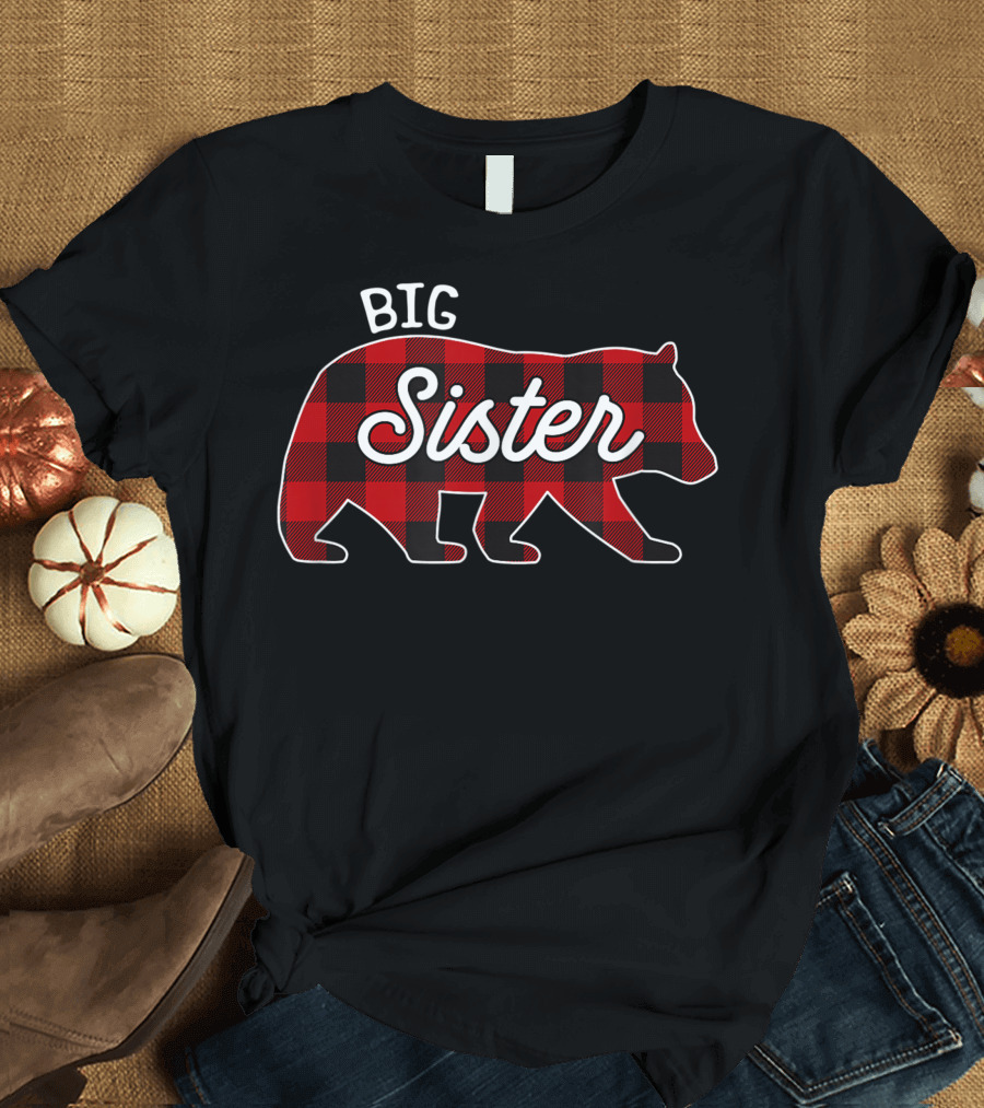 Big Sister Bear Red Buffalo Plaid T-Shirt