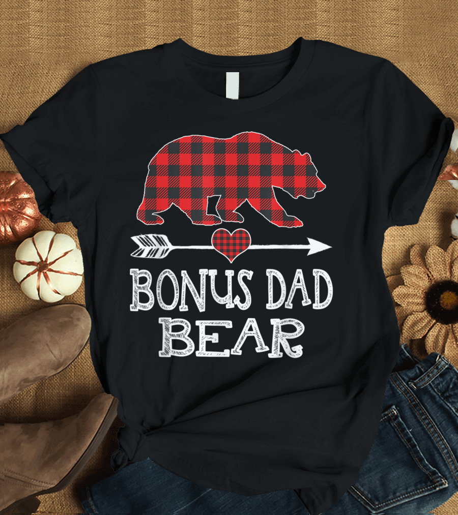 Bonus Dad Bear Red Plaid Christmas Buffalo Family T-Shirt