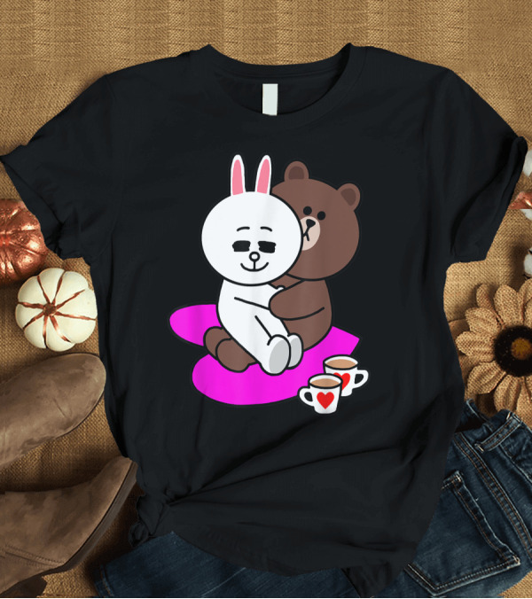 T-Shirt: Brown Bear Cony Bunny Rabbit Two Hearts and Tea Cups Valentine's Day T-Shirt Brown Bear Cony Bunny Rabbit Two Hearts and Tea Cups Valentine's Day T-Shirt