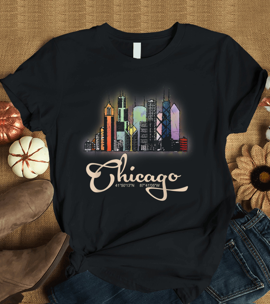 Chicago Illinois Skyline Colorful Coordinates 41°50′13″N 87°41′05″W T-Shirt