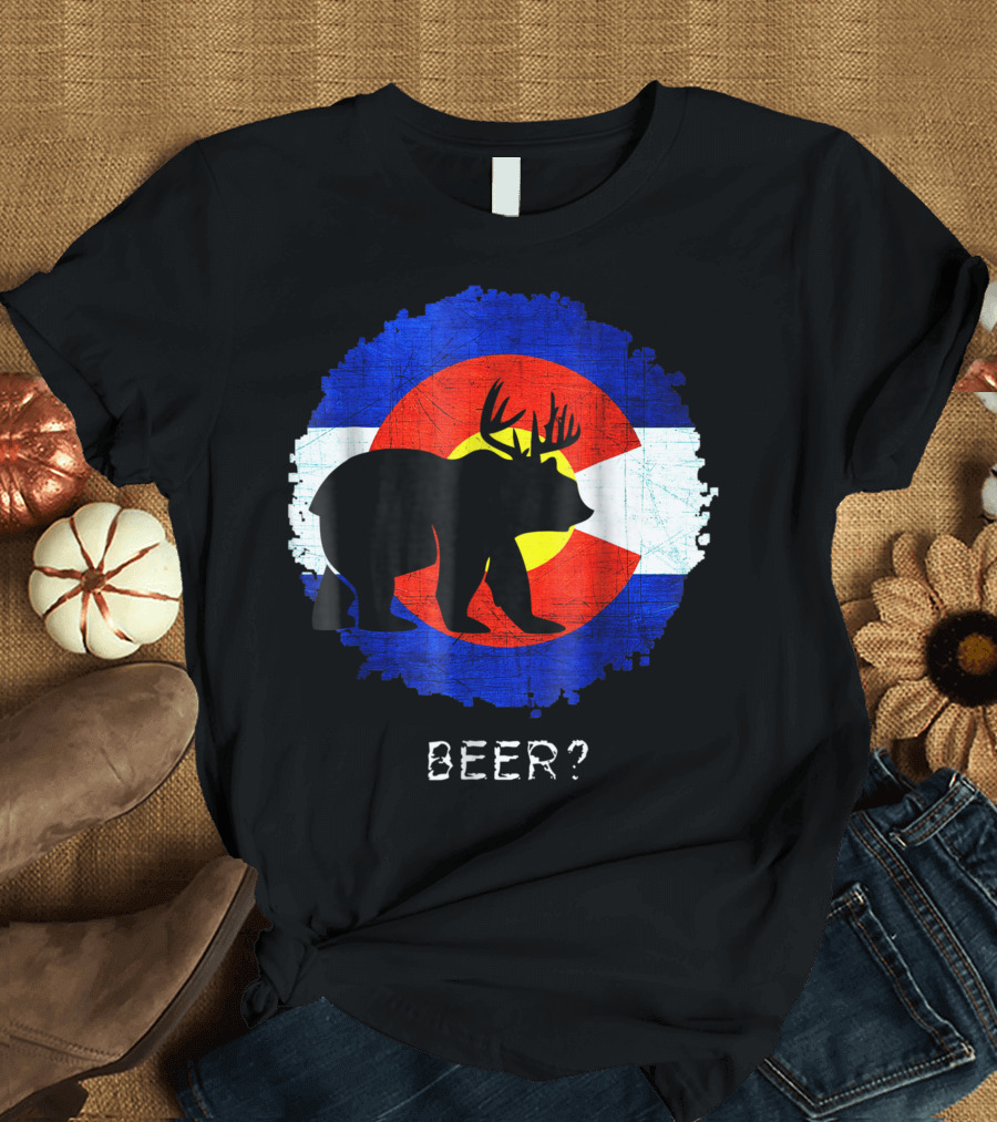 Colorado Flag Bear Deer Silhouette Beer Question T-Shirt
