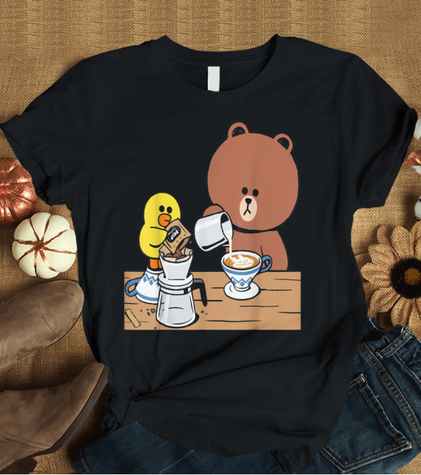 T-Shirt: Cute Brown Bear and Duck Enjoy I Love Coffee Moment T-Shirt Cute Brown Bear and Duck Enjoy I Love Coffee Moment T-Shirt