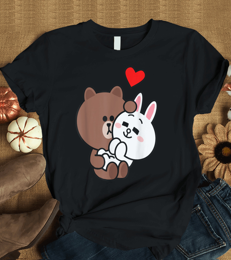 Cute Brown Bear Cony Bunny Rabbit Love Me Tenderly Romantic Hearts T-Shirt