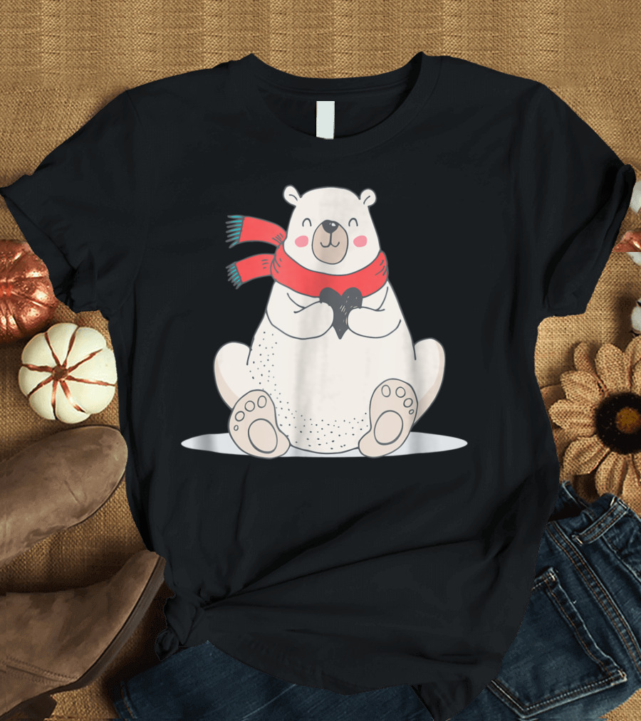 Cute Mama Polar Bear Holding Heart Red Scarf Christmas Holiday T-Shirt
