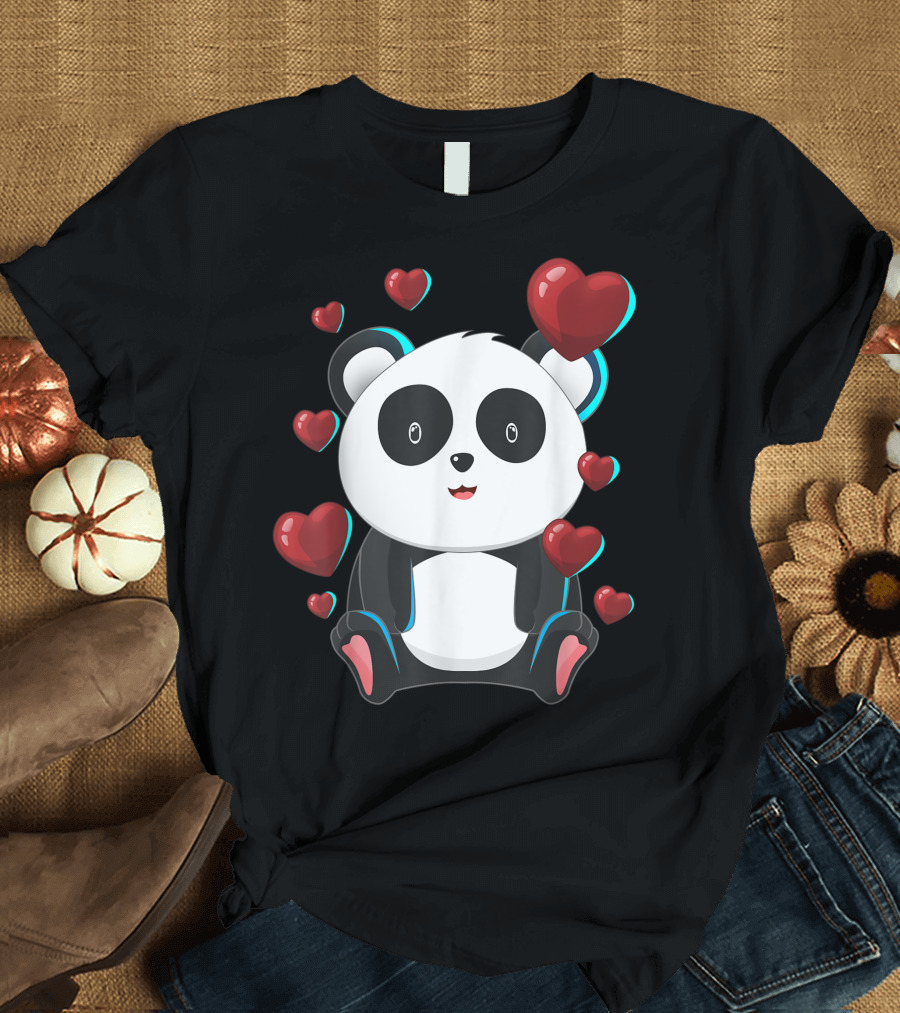 Cute Panda Bear Surrounded by Valentines Day Love Hearts T-Shirt