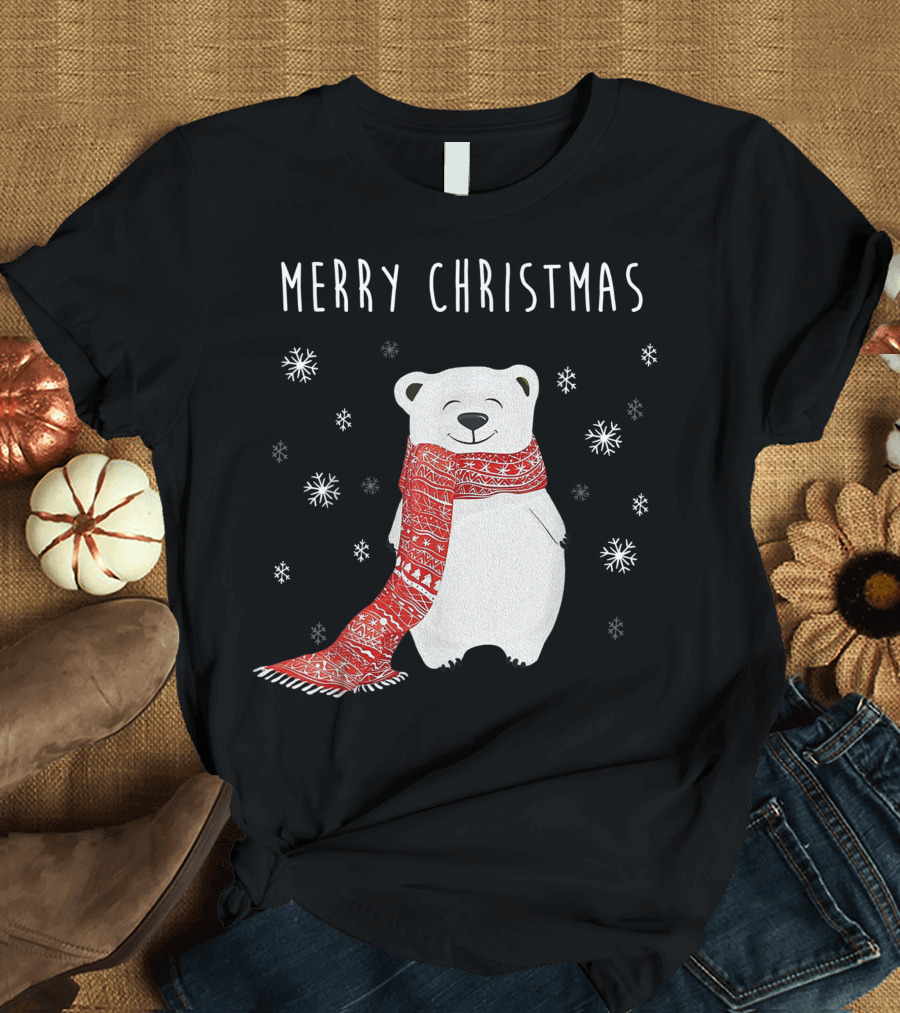 Merry Christmas Cute Polar Bear Scarf Xmas Holidays T-Shirt