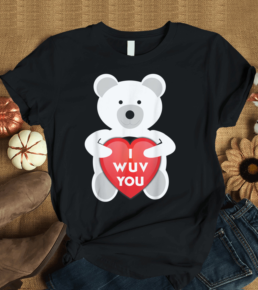 Cute Valentines Day Couples I Wuv You Bear Hugging Red Heart T-Shirt