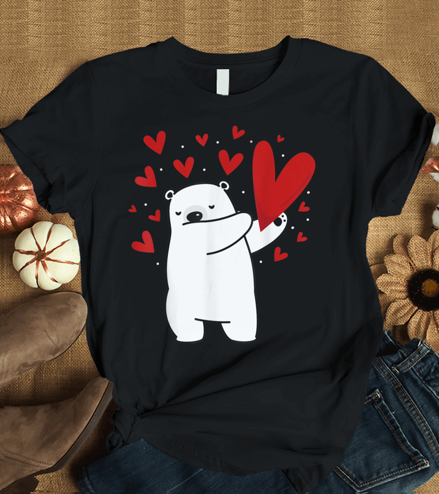 Dabbing Polar Bear Holding Heart Surrounded by Red Hearts Valentines Day Animal Lover T-Shirt