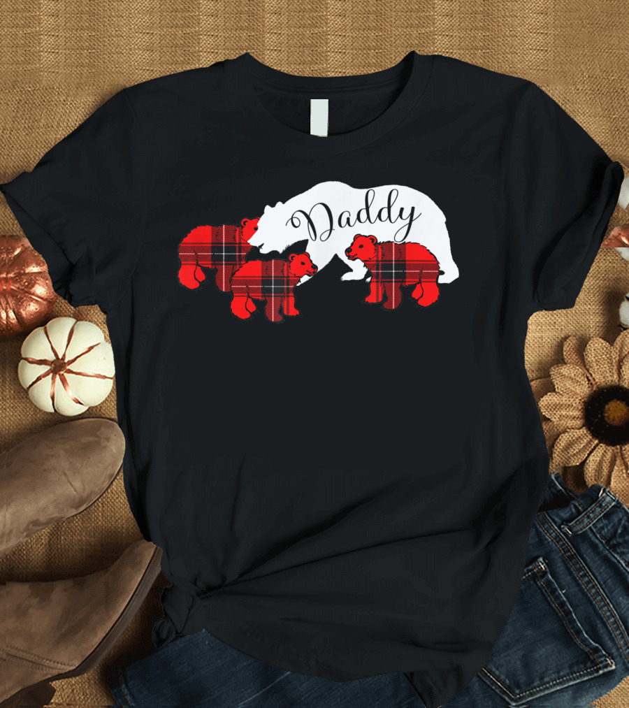 Daddy Bear Three Cub Red Plaid Dad Family T-Shirt