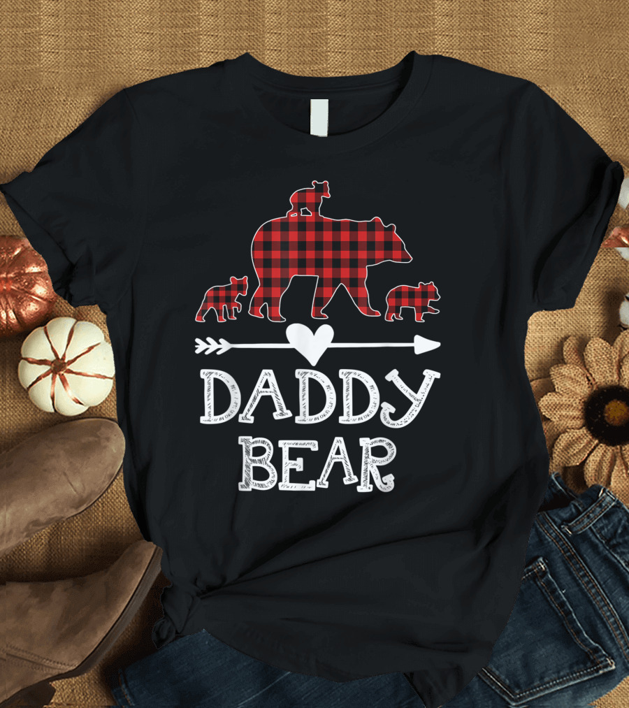 Daddy Bear Red Plaid Three Cubs Heart Arrow T-Shirt
